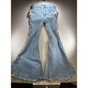 Lace Up Flare Leg High Waist Bell Bottom Frayed Hem Women's Jeans Blue S Hippie